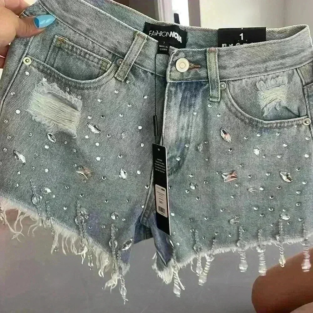 Embellished Crystals Denim Jeans Shorts Sz 1 - Picture 11 of 14